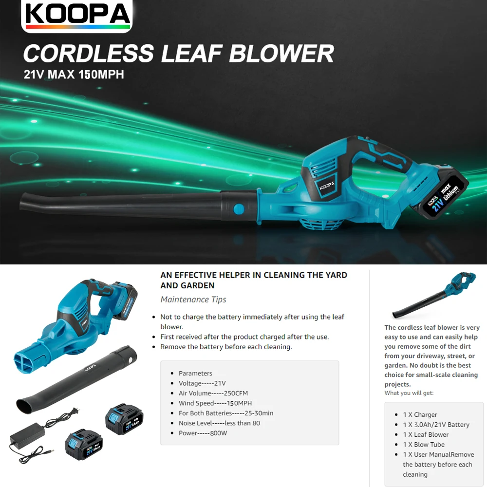 Koopa Cordless 21V 150MPH Electrical Handheld Leaf Blower with 1 Batteries & Charger,Lightweight for Leaf, Snow, Dust Blowing