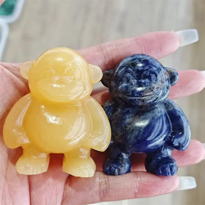 Natural Yellow Calcite Blue Sodalite Monkey Carving Handmade Polished Animal Powerful Statue For Home Decoration Lucky Gift 1PCS