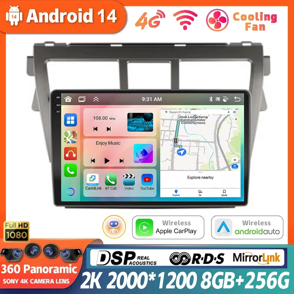 

Android 14 Car Stereo Radio For Toyota Vios Yaris 2007 2008-2012 Multimedia Video Player Carplay Auto GPS Navigation With Screen