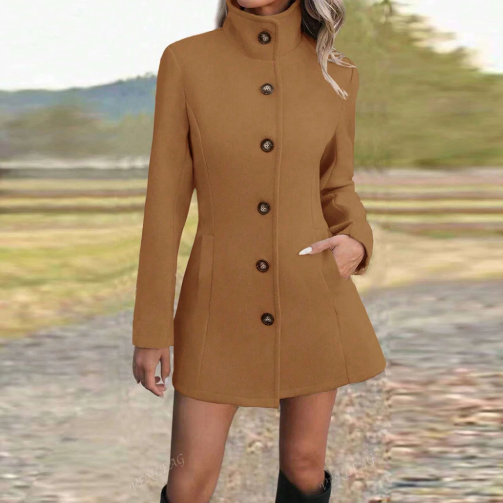 

Женское осенне-зимнее шерстяное пальто с высоким воротником, модное повседневное шерстяное пальто, тонкий однобортный плащ