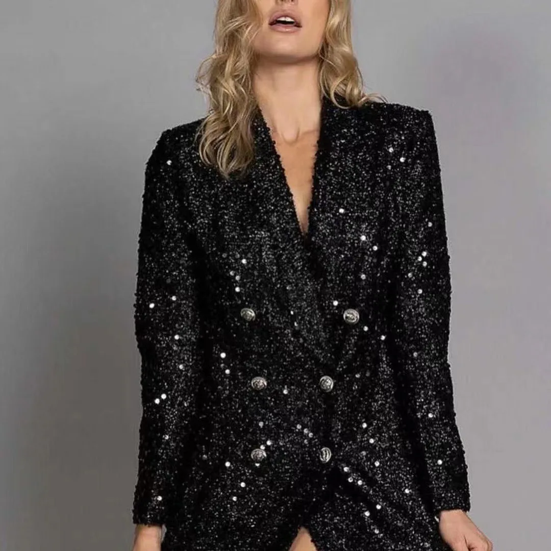 New Coat Women Clothing Deeep V Neck Black Sequins Blazer Double Breasted Cropped Blazer Slim Jackets Femme Mujer Traf Fashion