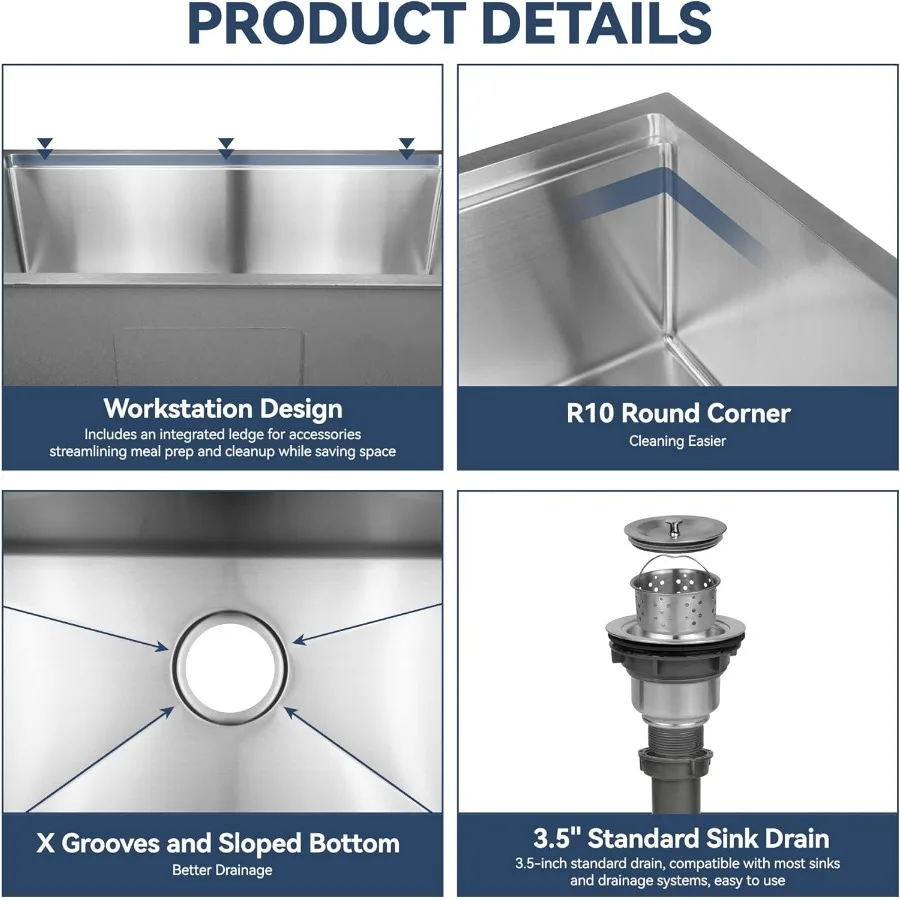 حوض مطبخ 32 بوصة وعاء فردي مقاس 16 مقياس 304 أحواض من الفولاذ المقاوم للصدأ مع حافة وملحقات لمحطة العمل #4