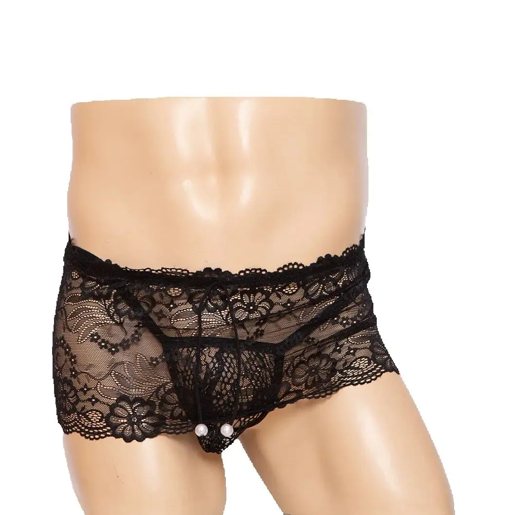 

2 Piece Men's Sexy Thong G Rope Sheer Skirt Pearl with Ruffles Low Rise Sheer Mesh Gay Sissy Sexy Culotte Panties