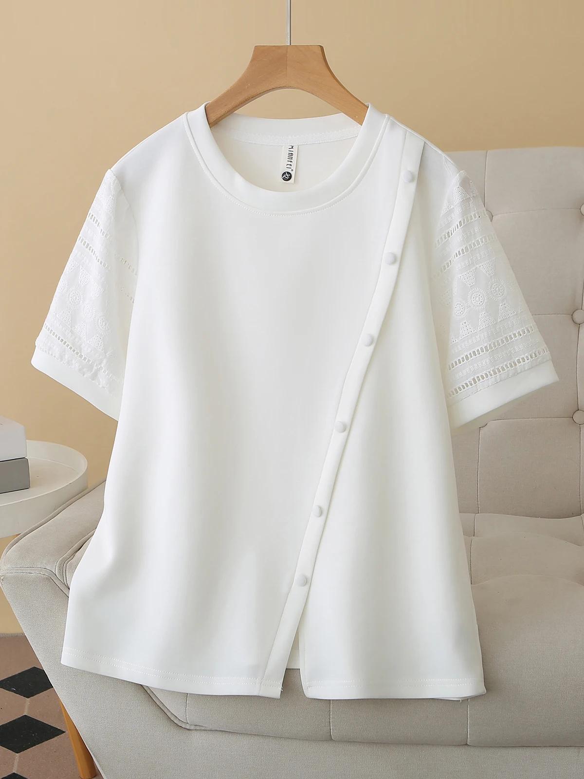 Casual Loose Women's T-shirt Short Sleeve Hollow out Splice round Neck Button Detail Summer Top plus Size Comfortable Polyester