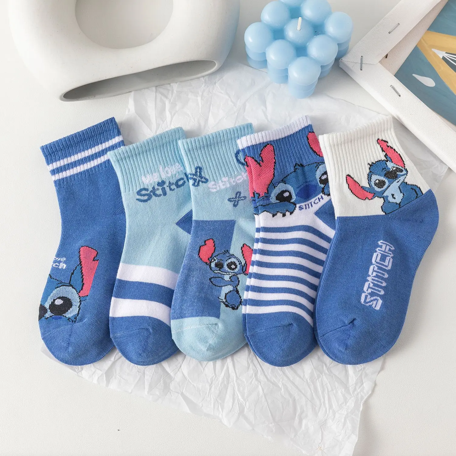 5Pairs Stitch Cotton Socks Sanrio New Girls Breathable cartoon Cute Boat  Women's Sock Combed Cotton Women's Boat Socks