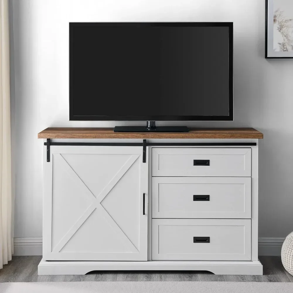 

TV Cabinet Wood Sliding x Barn Door Living Room Entrance Service Locker Door - Media Console, 56", White & Rustic Oak