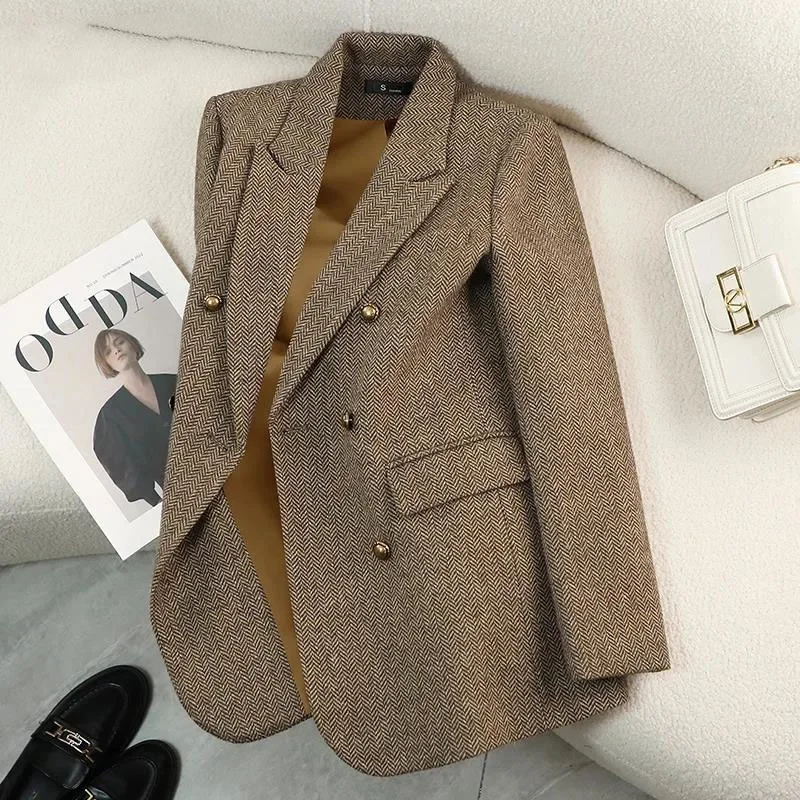 女性の秋冬長袖ブレザーコートヴィンテージ厚いウールジャケットノッチエレガントなアウターウェア女性服