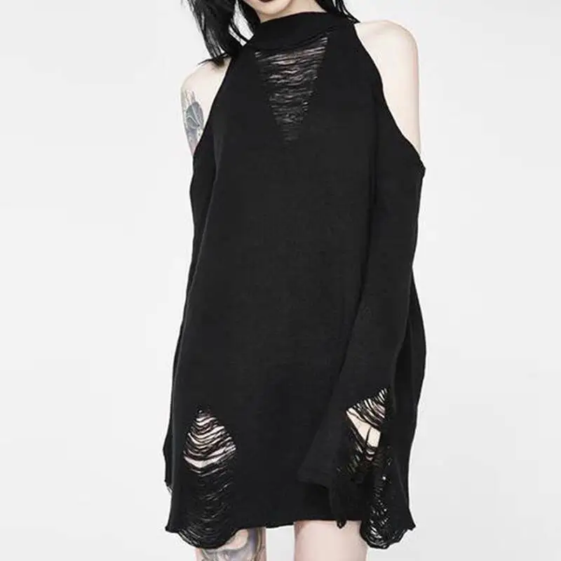 

Off Shoulder Halter Knit Top Fire Worship New Gothic Ripped Hollow Out Sweater Punk Hot Girl Loose Long Sleeve
