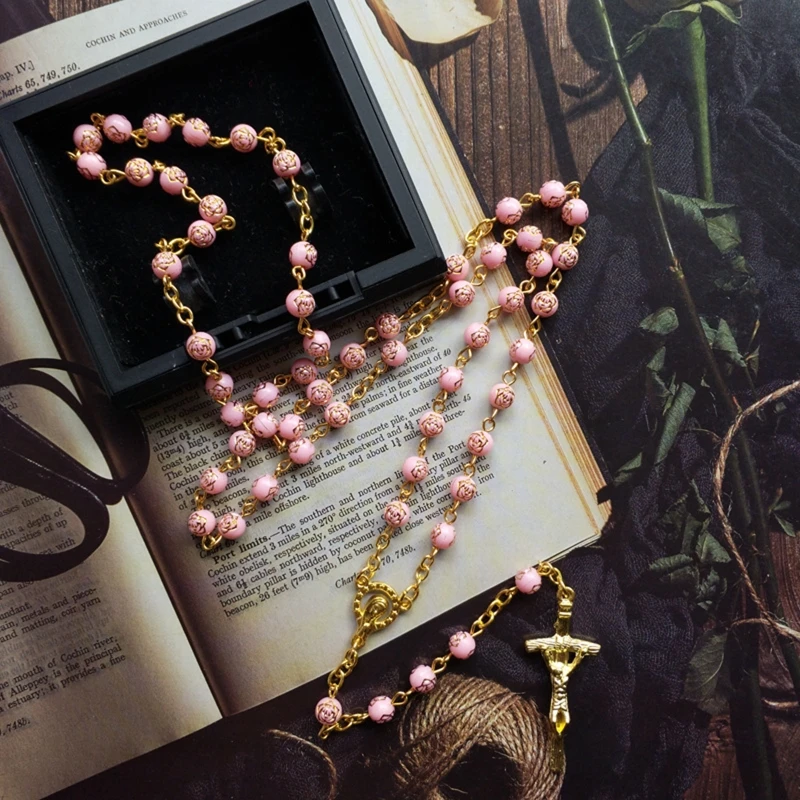 6mm Rose Beads Rosary Necklace with Jesus Crucifix for Cross Pendant Necklaces Catholic Prayer Gifts for Men Women Jewelry