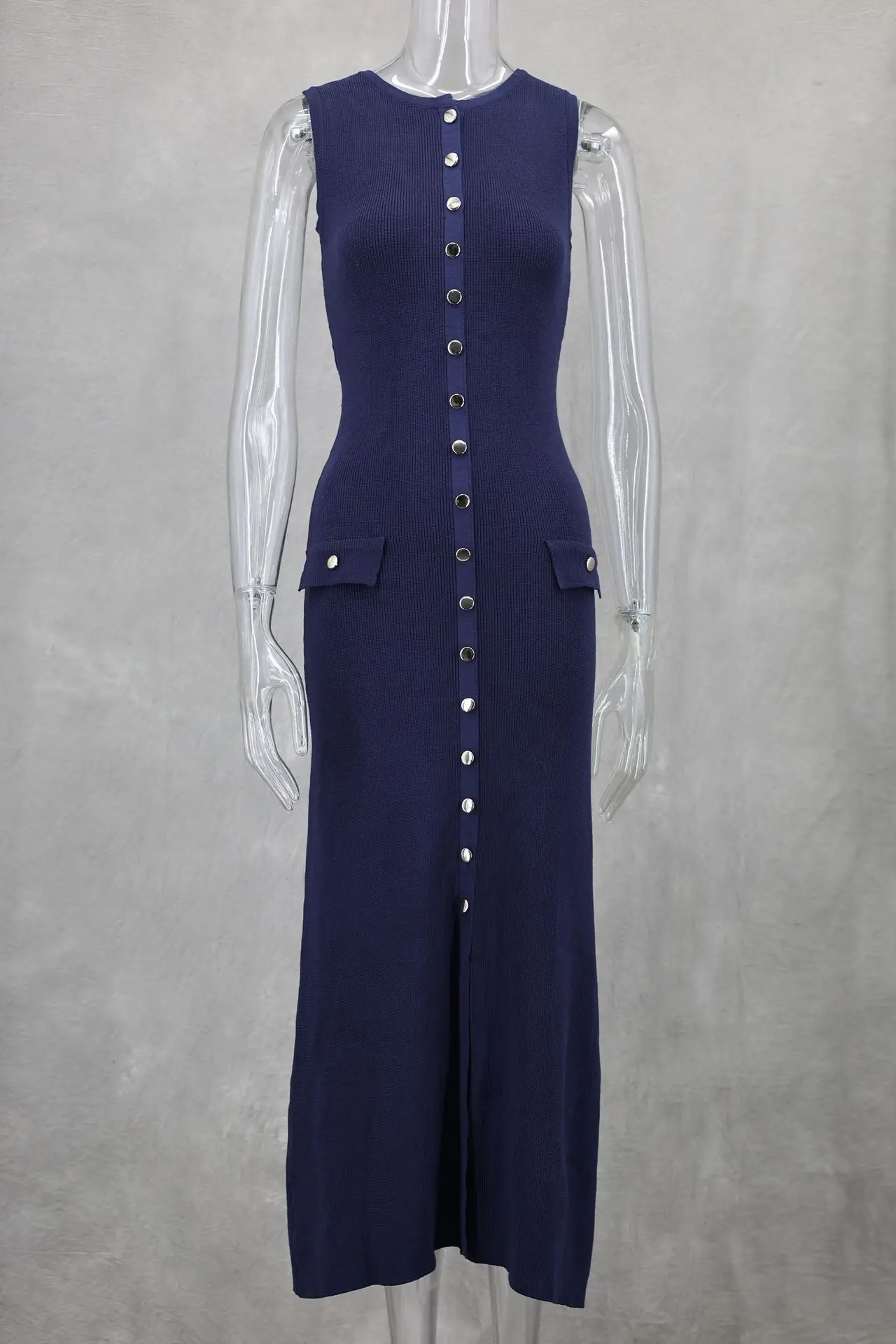 2025 Autumn Elegant Lady Knitted Single Breasted Long Dresses Women Solid Sleeveless O Neck Button Bodycon Party Female Vestidos