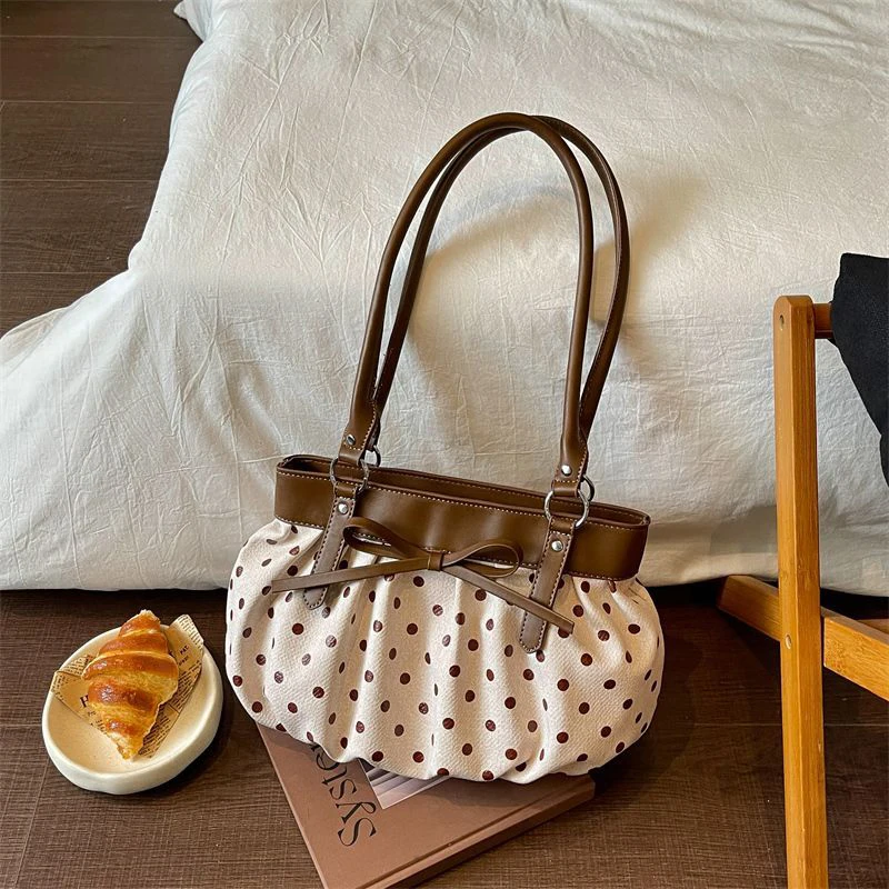 Koreanische Polka-Dot-Schleifenknoten-Patchwork-Hobo-Unterarmtasche, Damenhandtasche, vielseitige leichte Pendler-Tragetasche, lässig-schicke Tasche – Detail 7