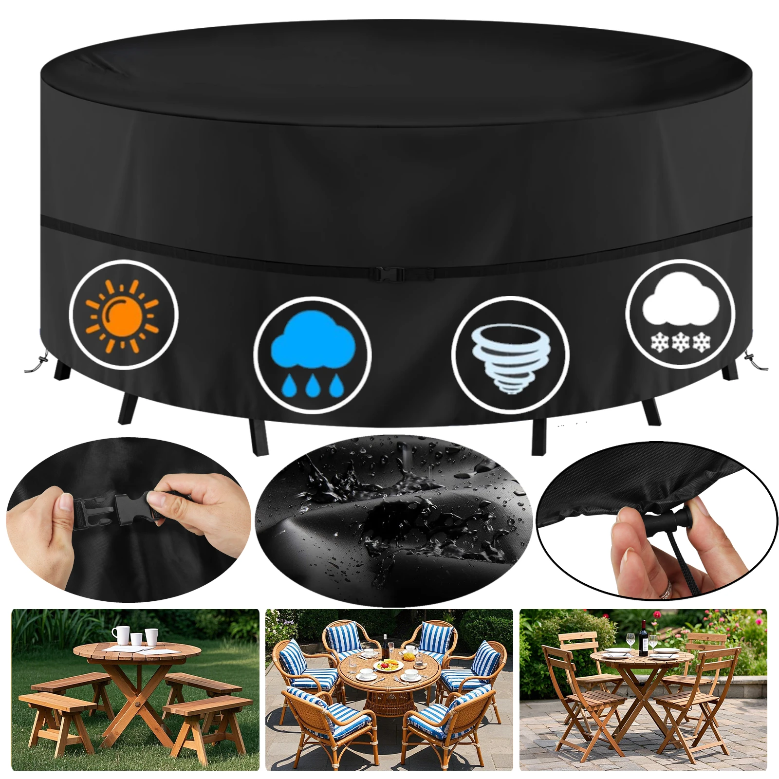 Round Waterproof Garden Furniture Covers Outdoor Patio Circular Table Chair Cover Oxford Cloth Windproof Anti-UV RipProof