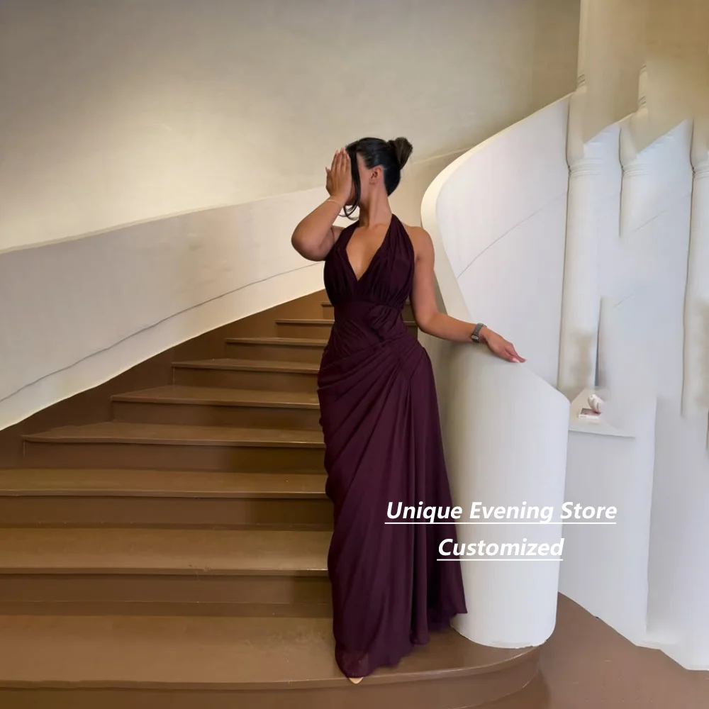 Customized Halter Purple V‑Neck Pleated Chiffon Evening Dresses Draped Skirt Formal Dress For Wedding Guest Prom Party Occasion