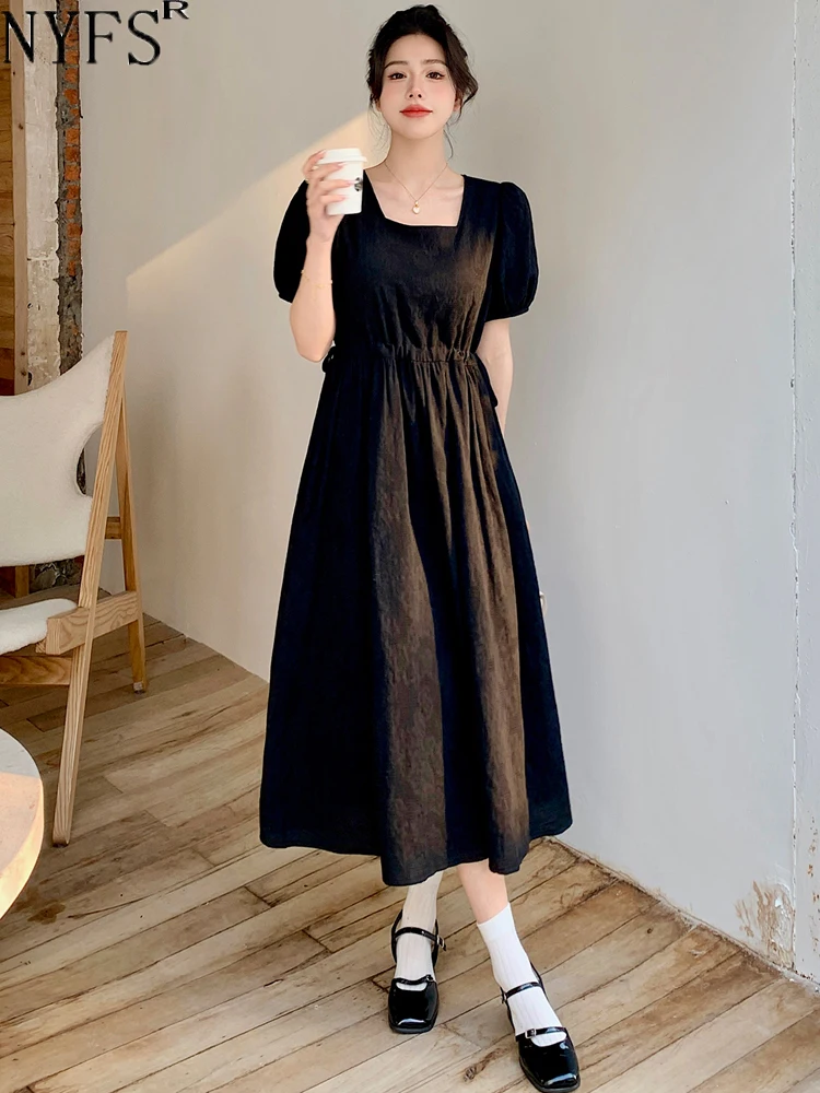 

NYFS 2024 Summer New Korea Woman Dress Vestidos Robe Elbise Loose Plus Size Jacquard Drawstring Waist Short Sleeve Long Dresses