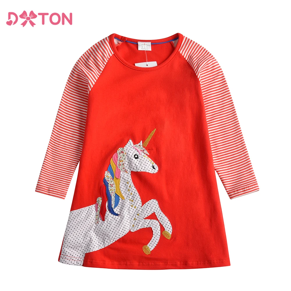 

DXTON, осеннее платье трапециевидной формы для девочек, красное детское новогоднее подарочное платье с единорогом и аппликацией, детская одежда в полоску, детское повседневное платье