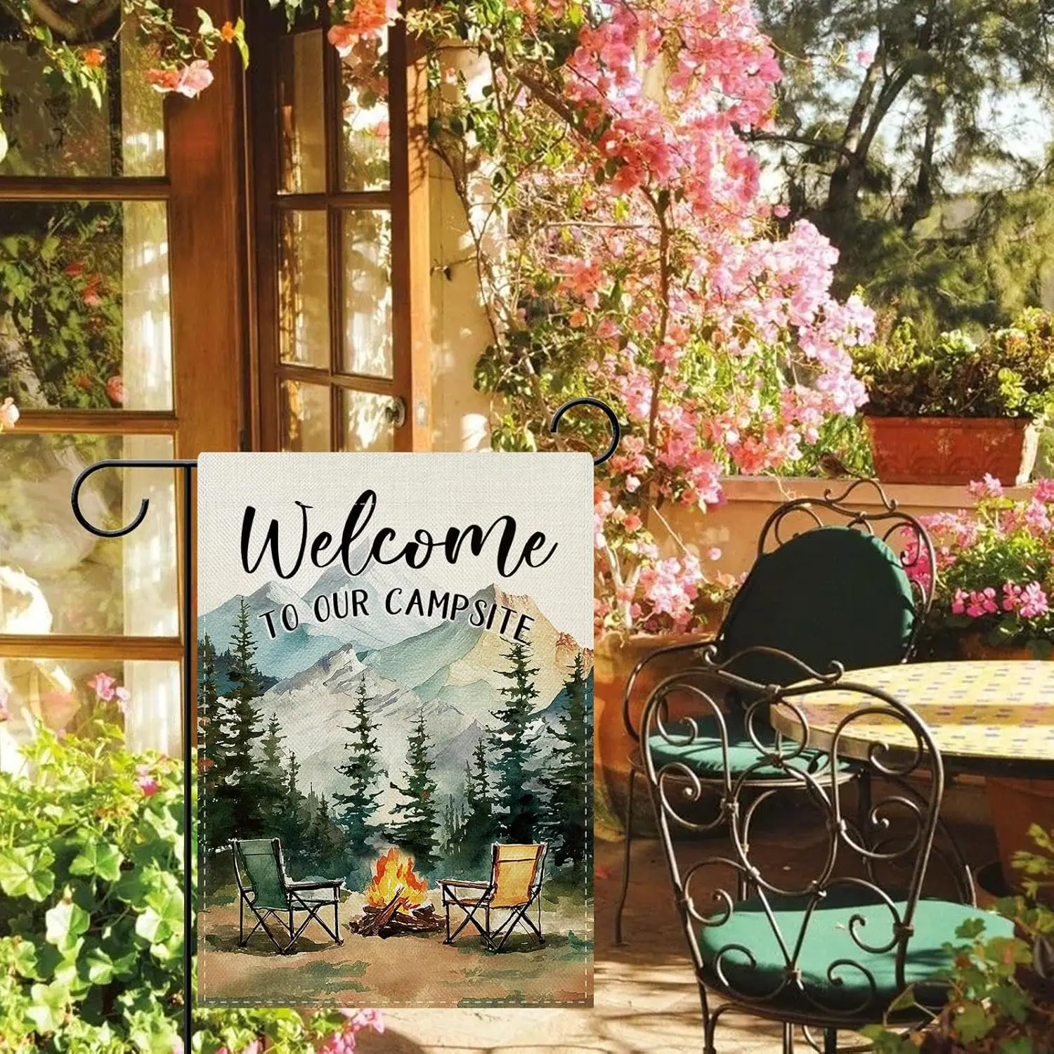 Dyrenson Welcome To Our Campsite Camping Decorative Garden Flag, Watercolor Camper Adventure Mountain Forest Yard Outside Ho AAS
