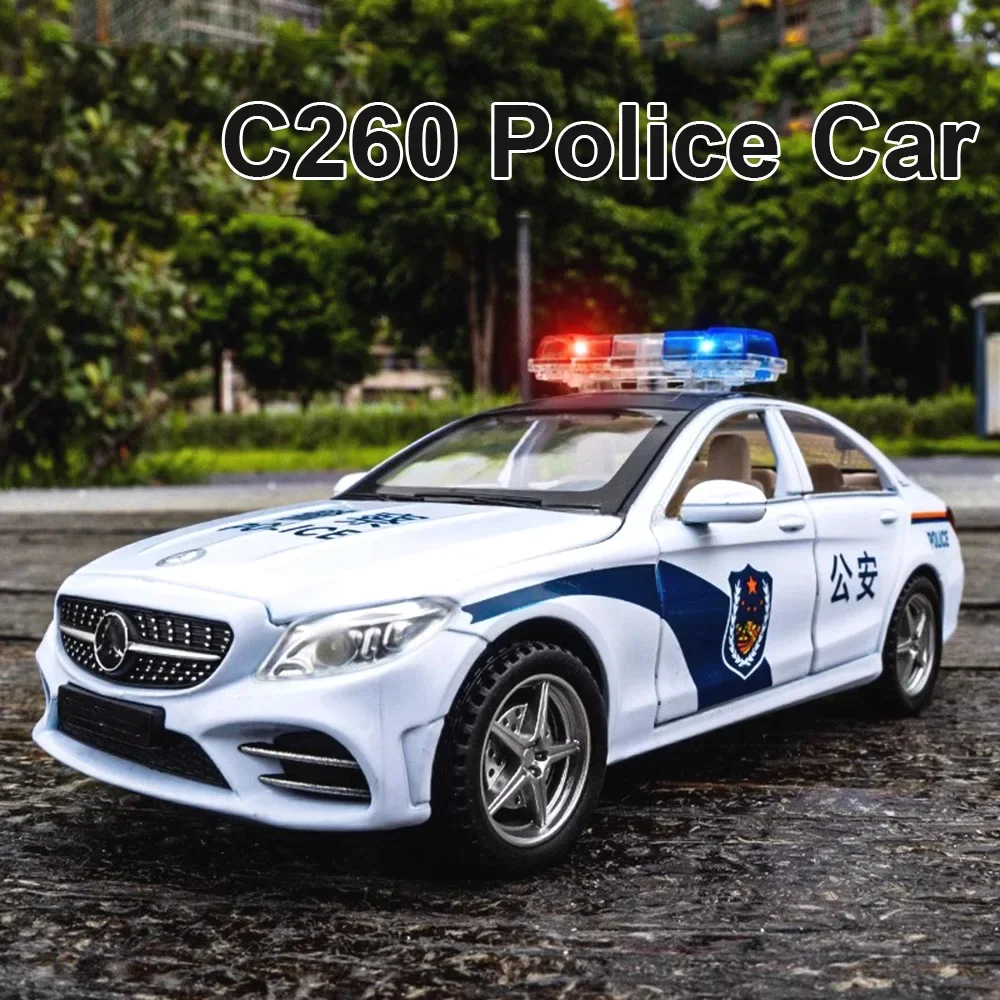 Metal Diecast Police Car Model Toy para crianças, simulação de liga, som e luz, puxar o veículo, modelos de carros, decoração, 1:32, C260