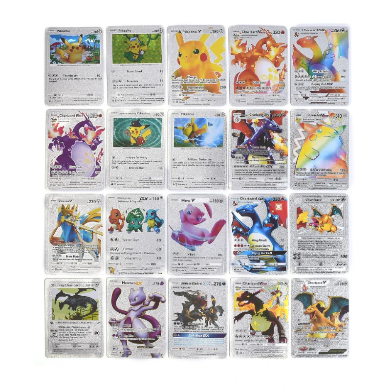 Juego de cartas de Pokémon, 55 piezas, inglés, español, francés, alemán, Pikachu, dorado, plateado, negro, coleccionista de cartas de batalla de mesa