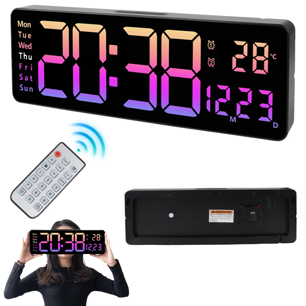 Power Off Memory Temp Date Week Display Table Clock Wall-mounted Dual Alarms LED Clocks Large Digital Wall Clock Remote Control