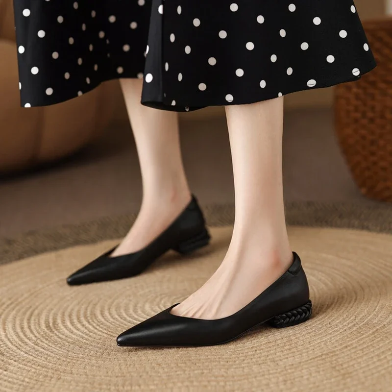 Autumn/Spring Women Loafers Genuine Leather Shoes for Women Pointed Toe Low Heel Women Pumps Retro Female Shoes Plus Size Shoes