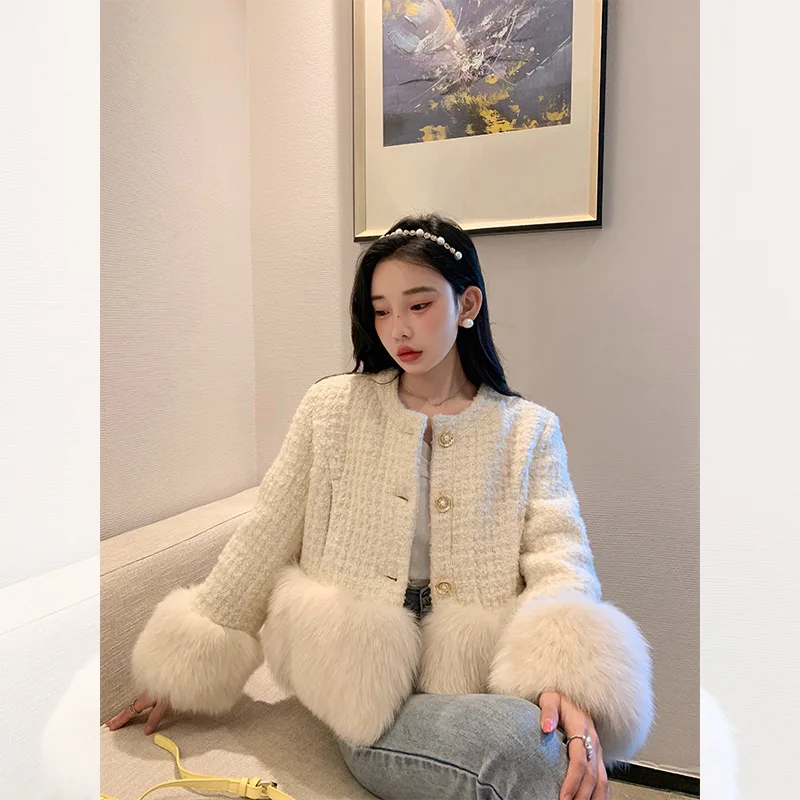 Autumn Winter Women\'s White Imitation Fox Fur Single Breasted Short Jacket New High-Quality Cotton/Non Cotton Wool Coats