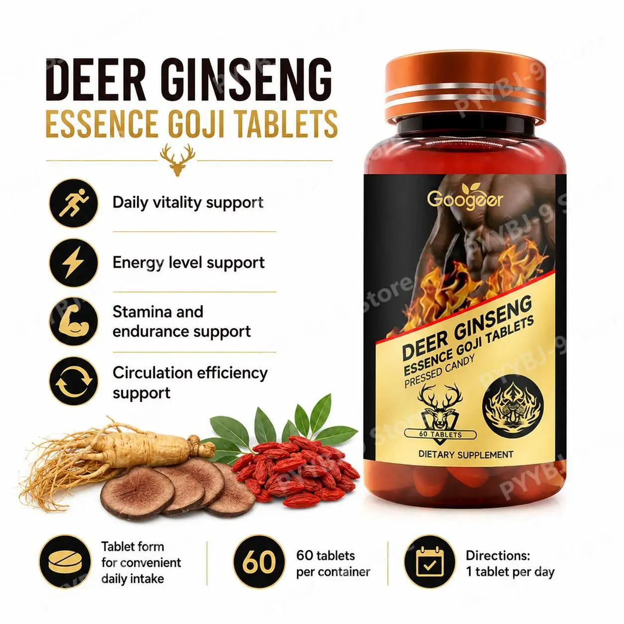 Googeer Ginseng Deer Meat Goji L-Citrulline Tablets for Daily Vitality and Energy Support, Stamina and Endurance, 60 Tablets