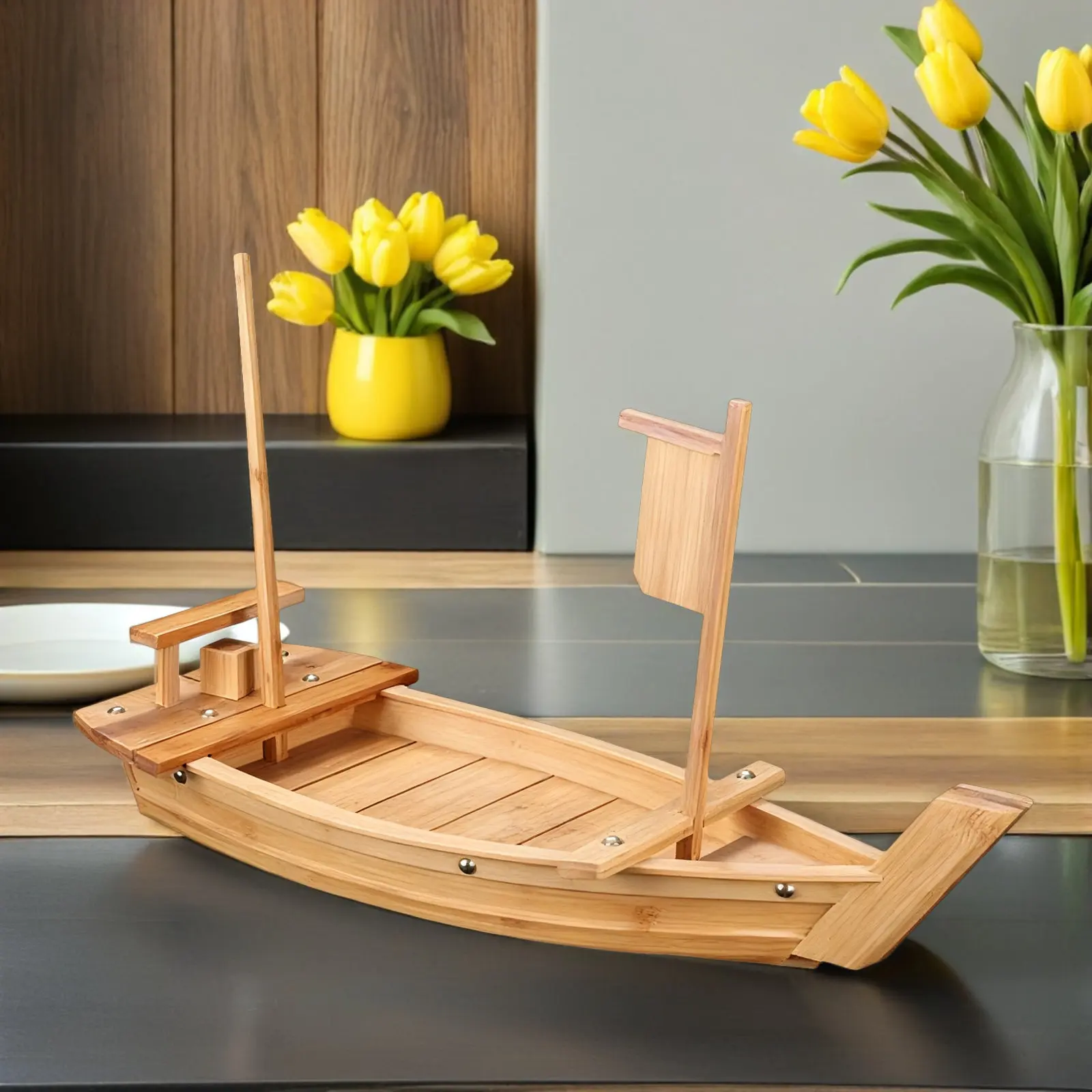 Bamboo Sushi Boat Plate Japanese Style Sashimi Serving Tray Large Capacity Wooden Platter for Party Buffet Home