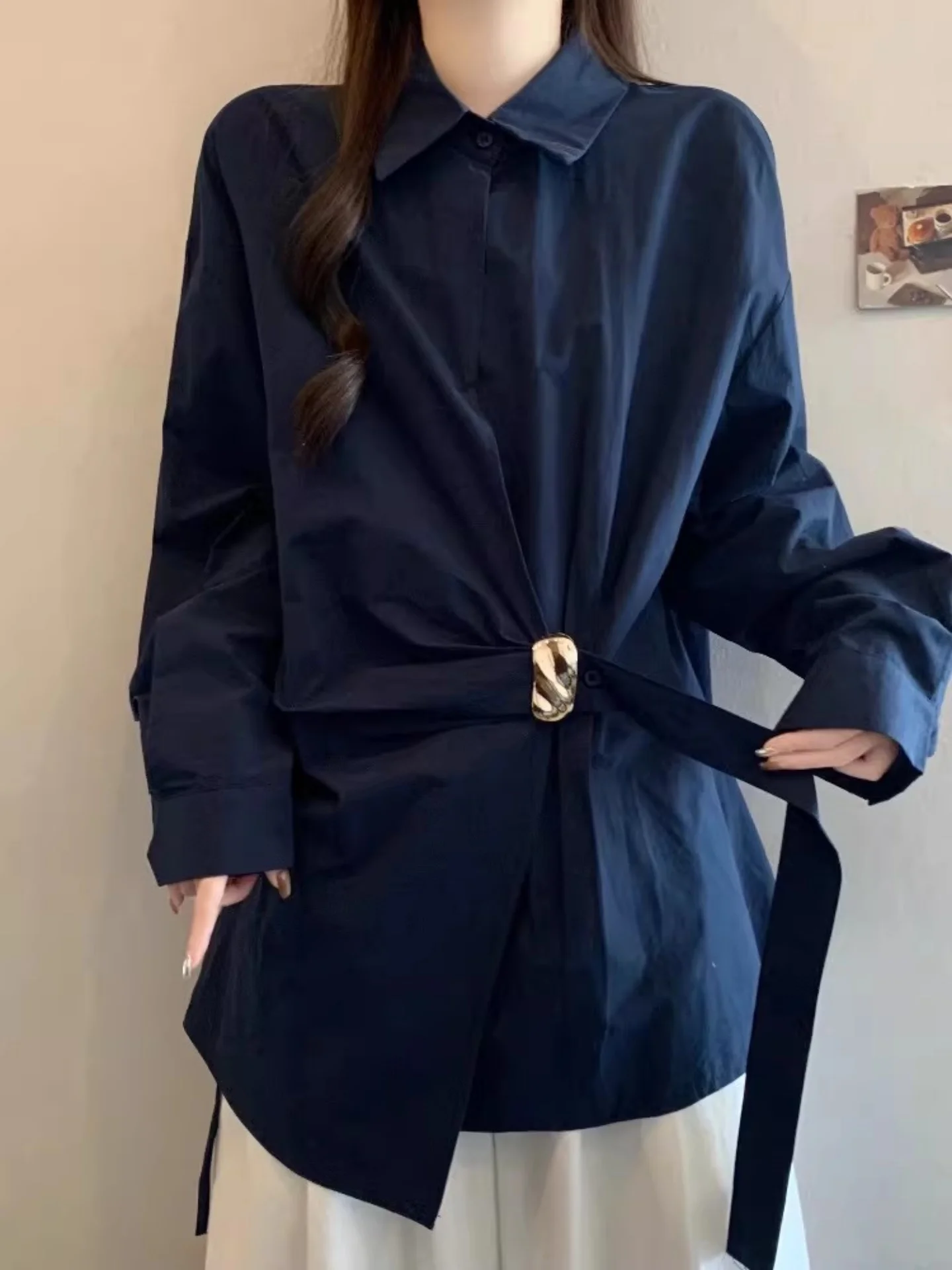 

Женская блузка больших размеров с длинным рукавом, синяя, с завязками на талии, миди-длина, антивозрастная, в корейском стиле, для офиса