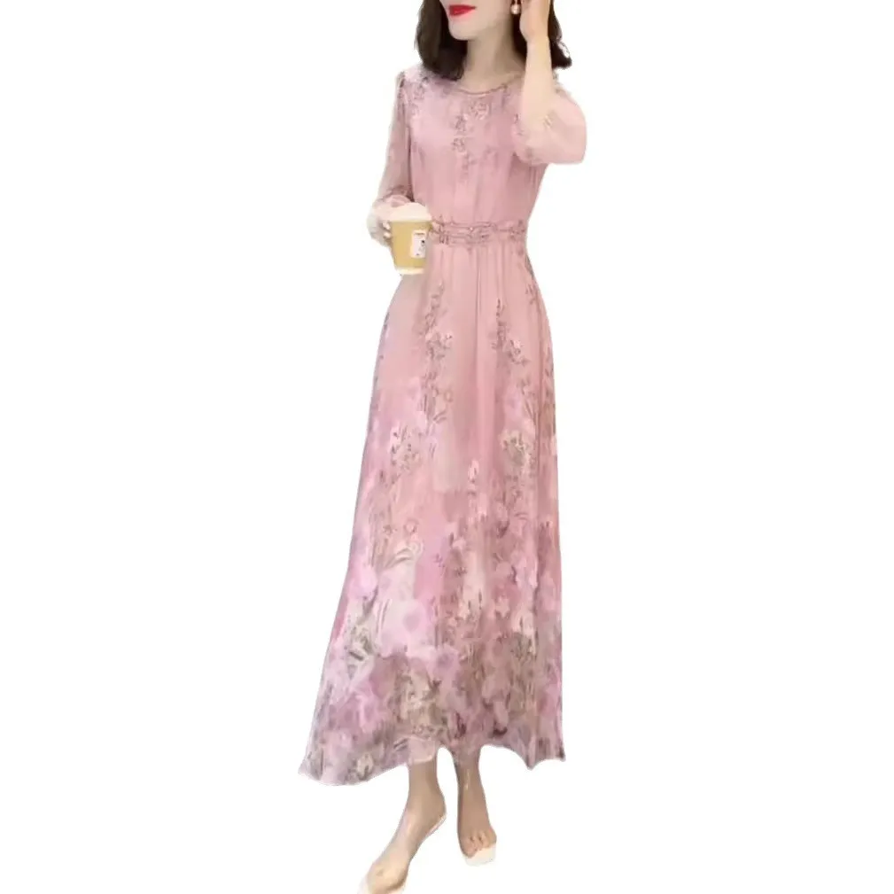 Imprimé fleuri en mousseline de soie été nouveau Sle femmes Dr t-shirt quart Sve Maxi Long Dr effet minceur doux Sle rond Ne