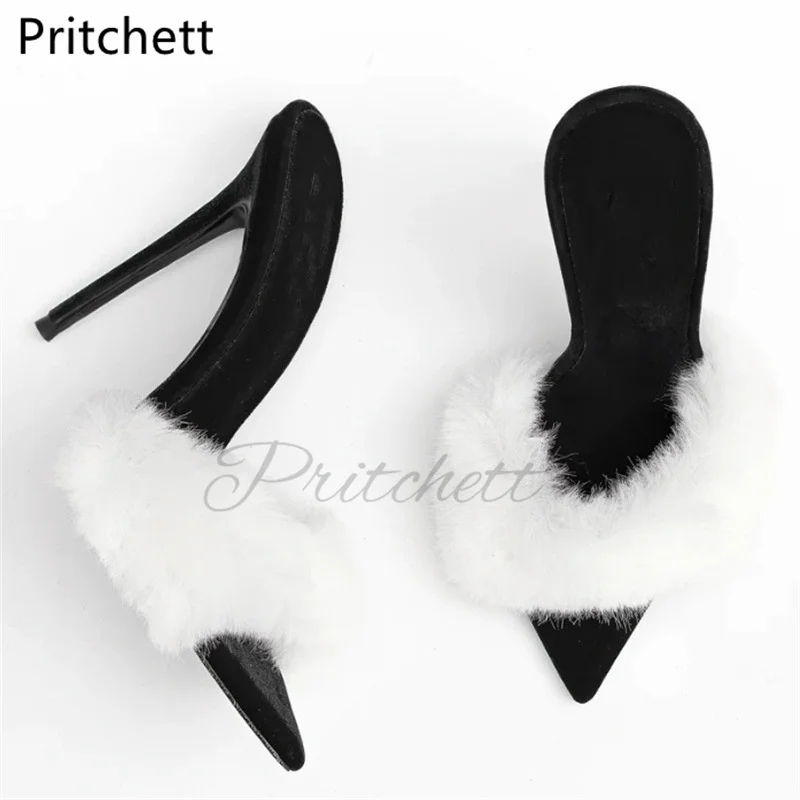 

Faux Fur Pointed Toe Stiletto Slippers for Women 12Cm High Heels Sexy Fashion Style Summer Shoes Pointed Toe High Heeled Sandals