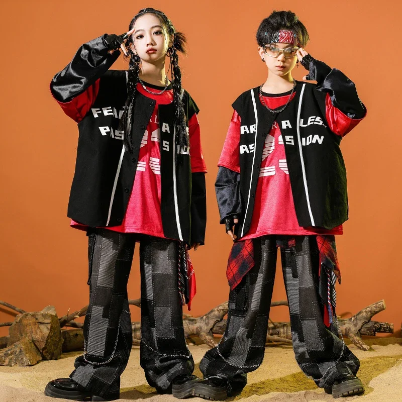 

Cool Hip Hop Costume For Children's Street K-pop Dancing Wear Girls Jazz Show Clothes Red Loose Tops Black Pants Set XH1569
