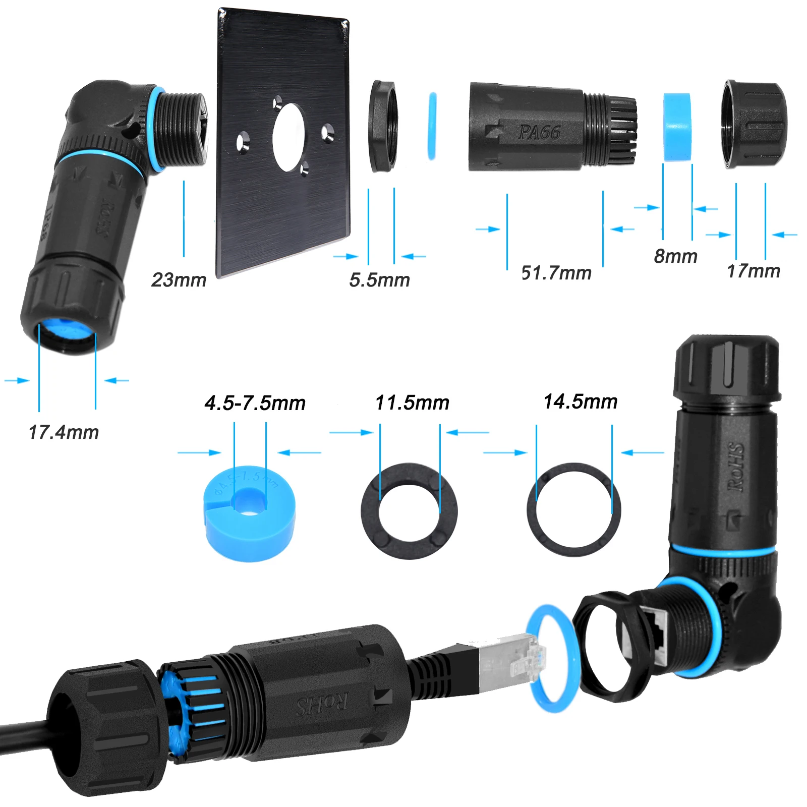 90 Degree RJ45 Female‑Female Waterproof Connector,IP68 CAT6 10Gbps M23 Elbow Network Cable Panel‑Mount Adapter Nylon LAN Coupler