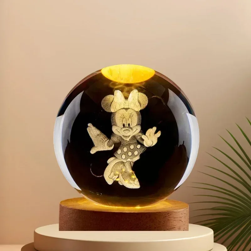 6cm Disney Mickey Mouse Crystal Ball 3D Anime Minnie Lamp Base Kawaii Crystal Glass Ball Figure Night Light Kids Birthday Gift