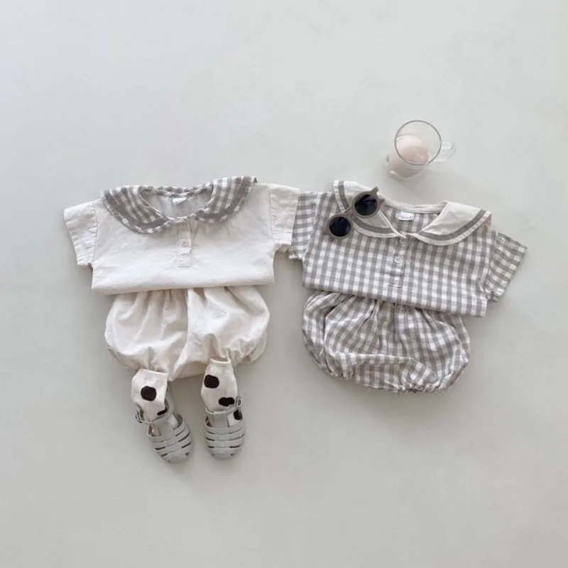 2024 Summer Baby Sports Casual Outfits Boy Girl Infant Plaid Cotton Navy Collar Long Sleeve Tops+Shorts 2pcs Newborn T-shirt Set