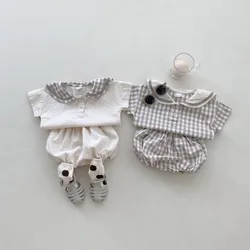 2024 Summer Baby Sports Casual Outfits Boy Girl Infant Plaid Cotton Navy Collar Long Sleeve Tops+Shorts 2pcs Newborn T-shirt Set