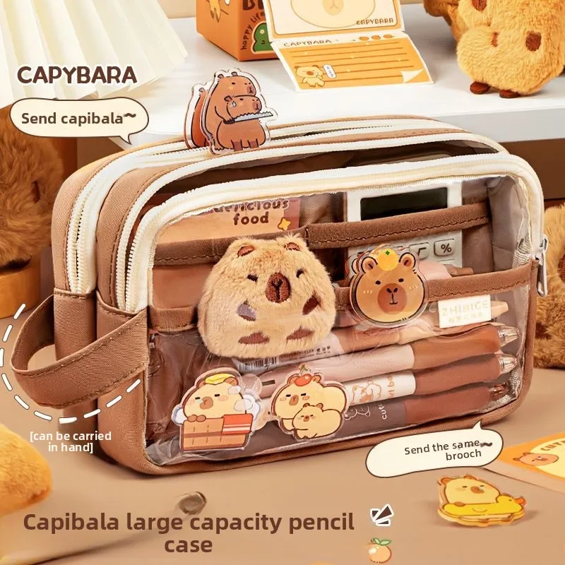 

Cute Capybara Pencil Case School Supplies Clear Aesthetic Pencil Pouch with Cute Capybara Pins and Plush Stickers and Memo Pad