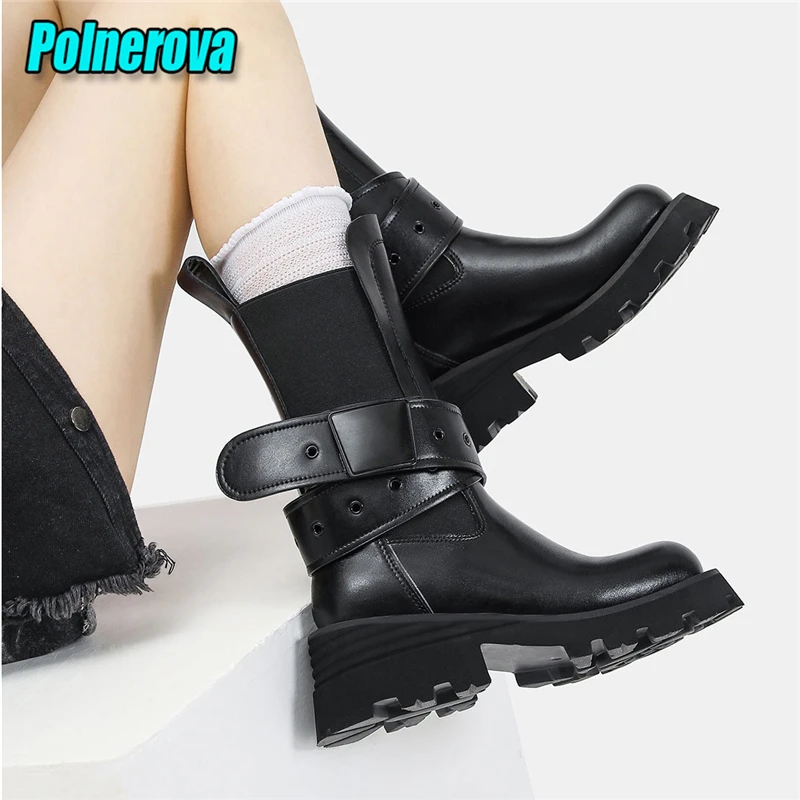 British Style Belt Buckle Motorcycle Boots Black Leather Thick Heel Slip-On Chelsea Boots Square Toe Platform Mid-Calf Booties