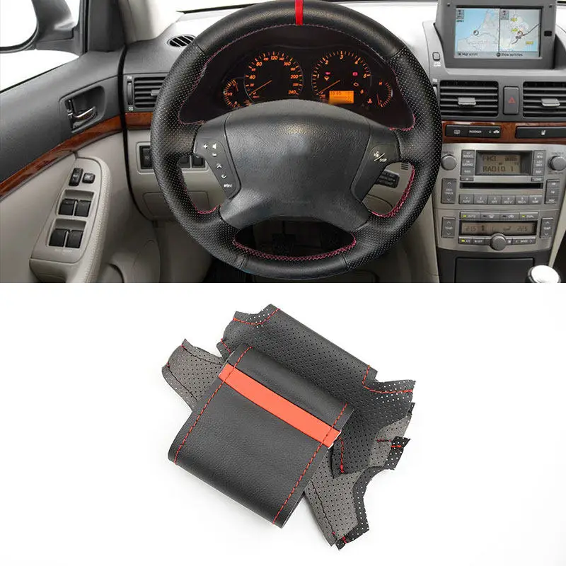 For Toyota Avensis 2003 2004 2005 2006 2007 Car Interior Steering Wheel Cover Perforated Leather Trim With Red Thread Top Signs