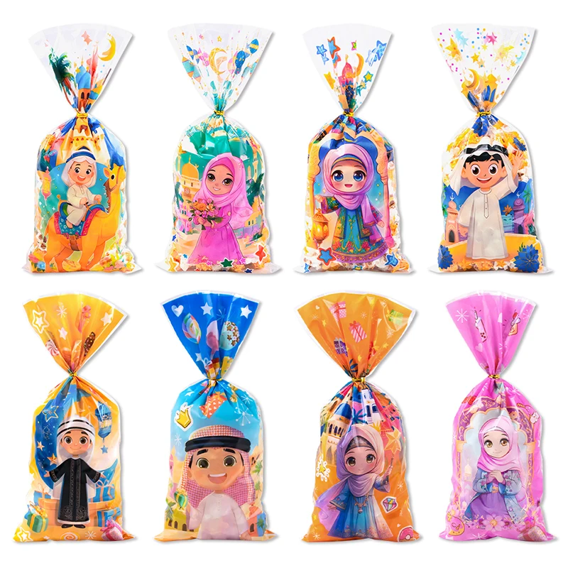 50pcs Eid Mubarak Plastic Gift Bags Candy Cookie Packaging Bags Ramadan Kareem Decorations 2025 Islamic Muslim Party Supplies