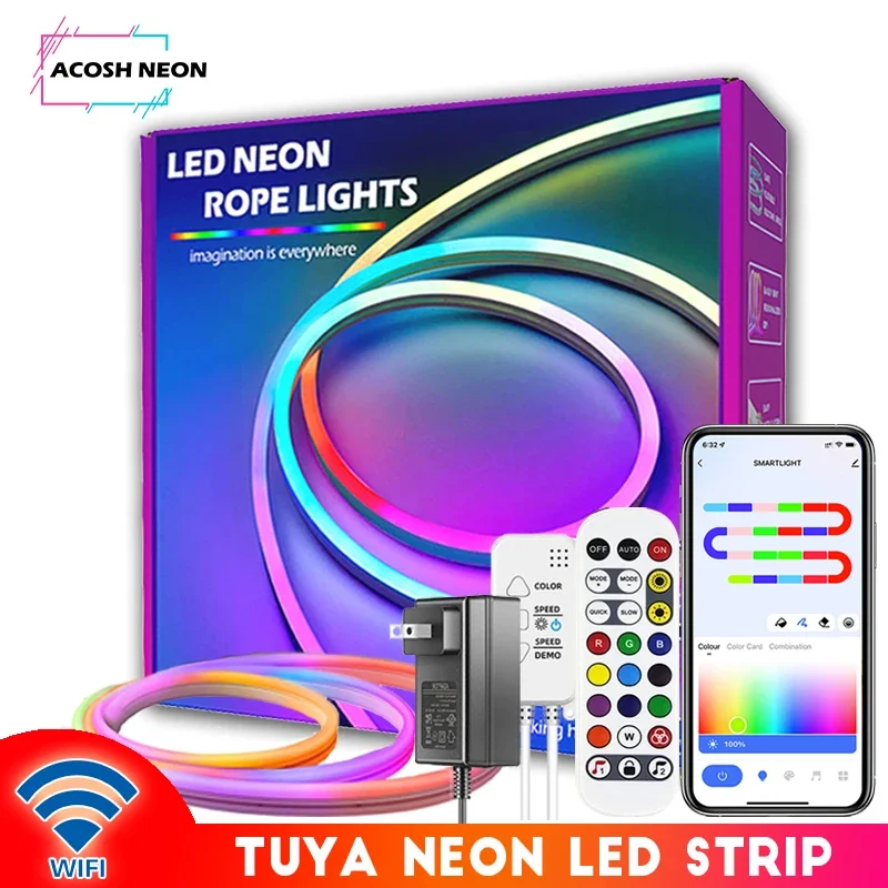 

TUYA Neon LED Strip Lights With Music Sync 10M/32.8ft 84LEDs/M Addressable Neon Rope Light Work with Alexa Google Assistant