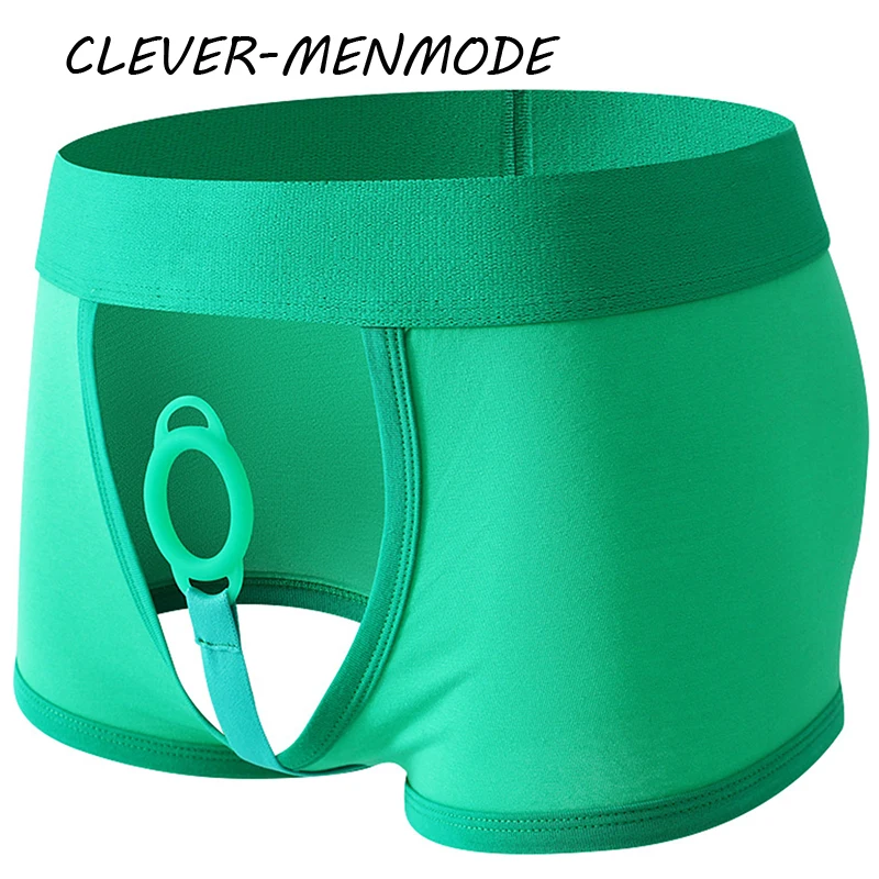 Men\'s Sexy O-Ring Silicone Exemption Boxers Front Open Crotch Hip-Baring Penis Ring Mini Micro Panties Cotton Traceless Lingerie