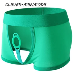 Men's Sexy O-Ring Silicone Exemption Boxers Front Open Crotch Hip-Baring Penis Ring Mini Micro Panties Cotton Traceless Lingerie