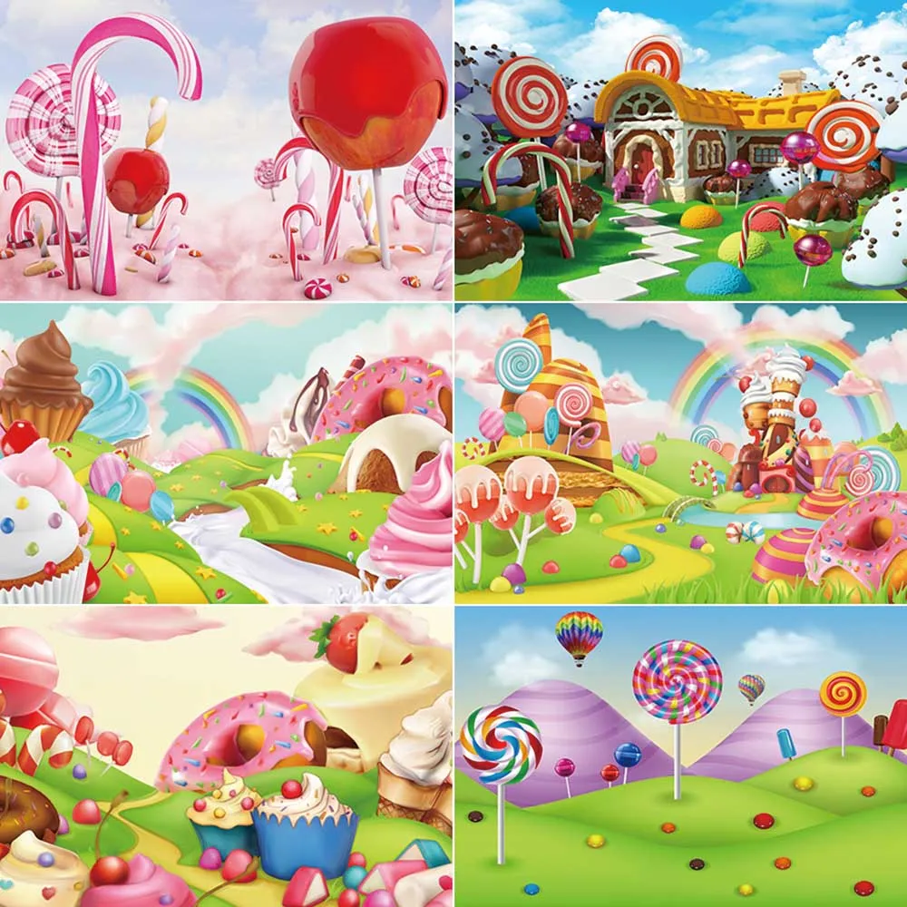 

MOON.QG Baby 1 Year Birthday Photozone Backdrop Candyland Candy Bar Lollipop Donut Party Background Photography Photocall Props