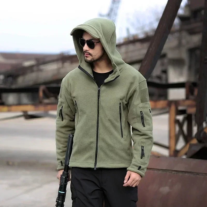 Zimowa kurtka polarowa Męska wojskowa kurtka taktyczna Solidne ciepłe płaszcze polarowe z kapeluszem Outdoor Sports Combat Hiking Polar Jacket — zdjęcie 3