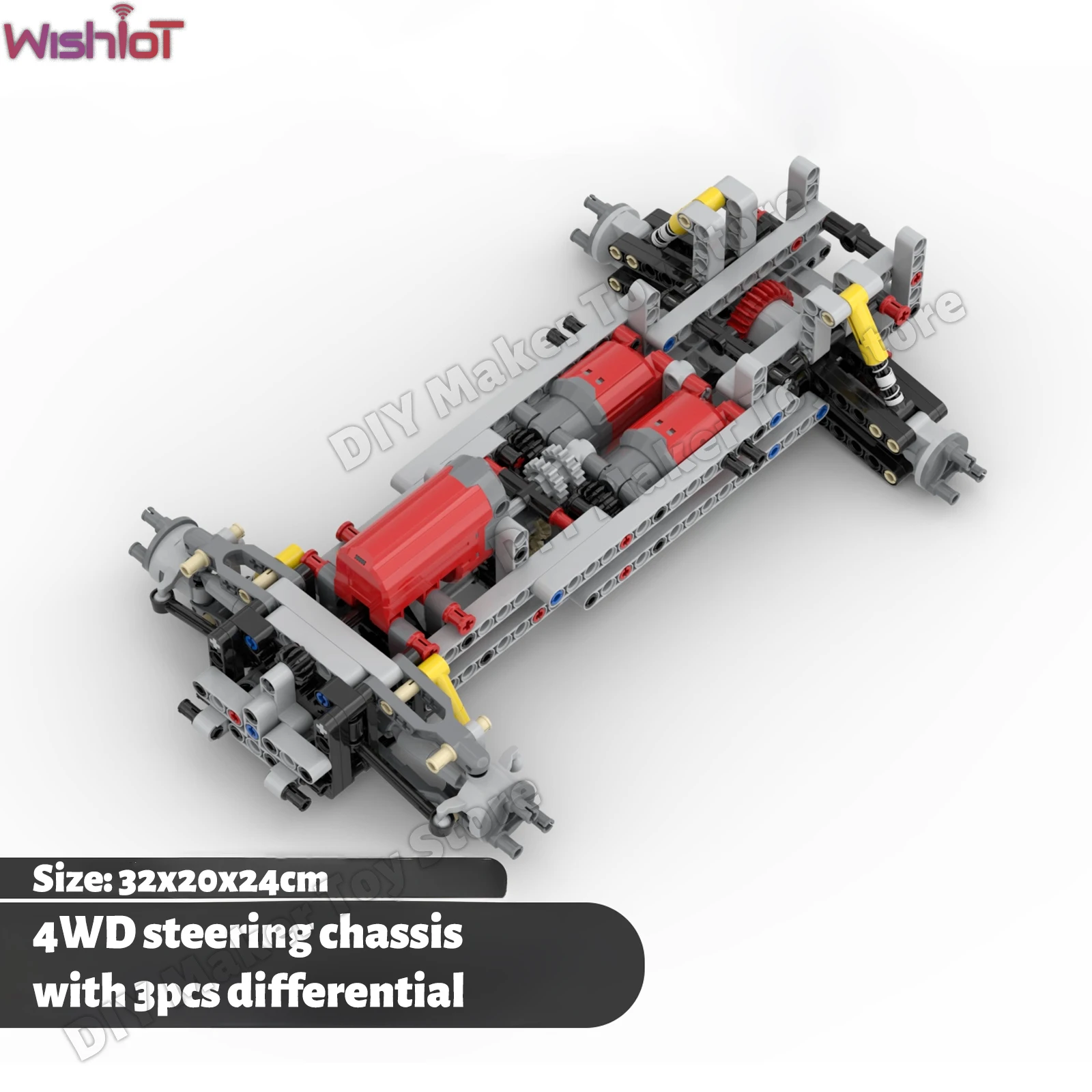 MOC 4WD Four-wheel Drive Steering Chassis with Differential Shock Absorber L Motor Building Block Tech Car Modification Toy Gift