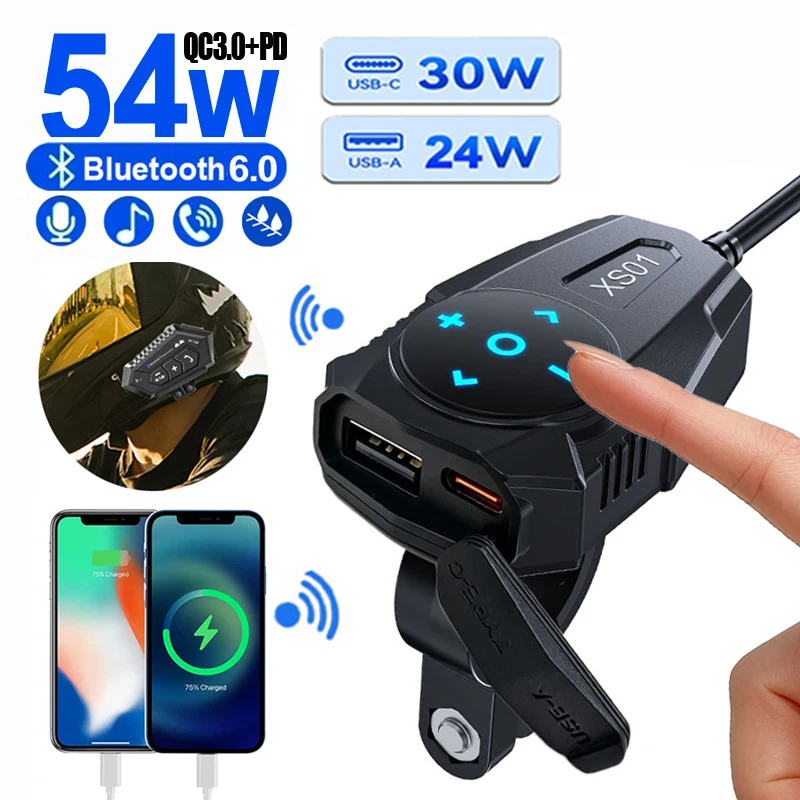 PD QC3.0 Motorcycle Charger Handlebar USB Type C Power Socket 12V Waterproof Wireless Helmet Headset Handsfree Remote Controller