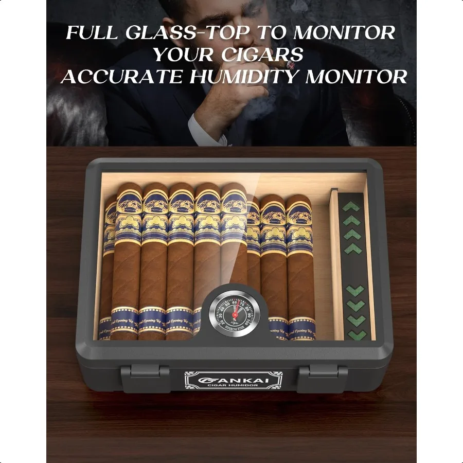 Kotak Cerutu Humidor Kaca Penuh dengan Humidifier dan Hygrometer, Anti Jatuh dan Anti Remuk, Lapisan Kayu Cedar untuk Penyimpanan