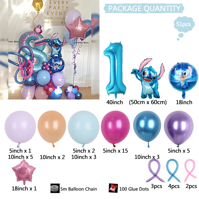 51Pcs Disney Lilo&Stitch Theme Blue Metal Latex Balloons 40'' Number 1-9th Foil Ball Baby Shower Kids Girl Birthday Party Decor image 4