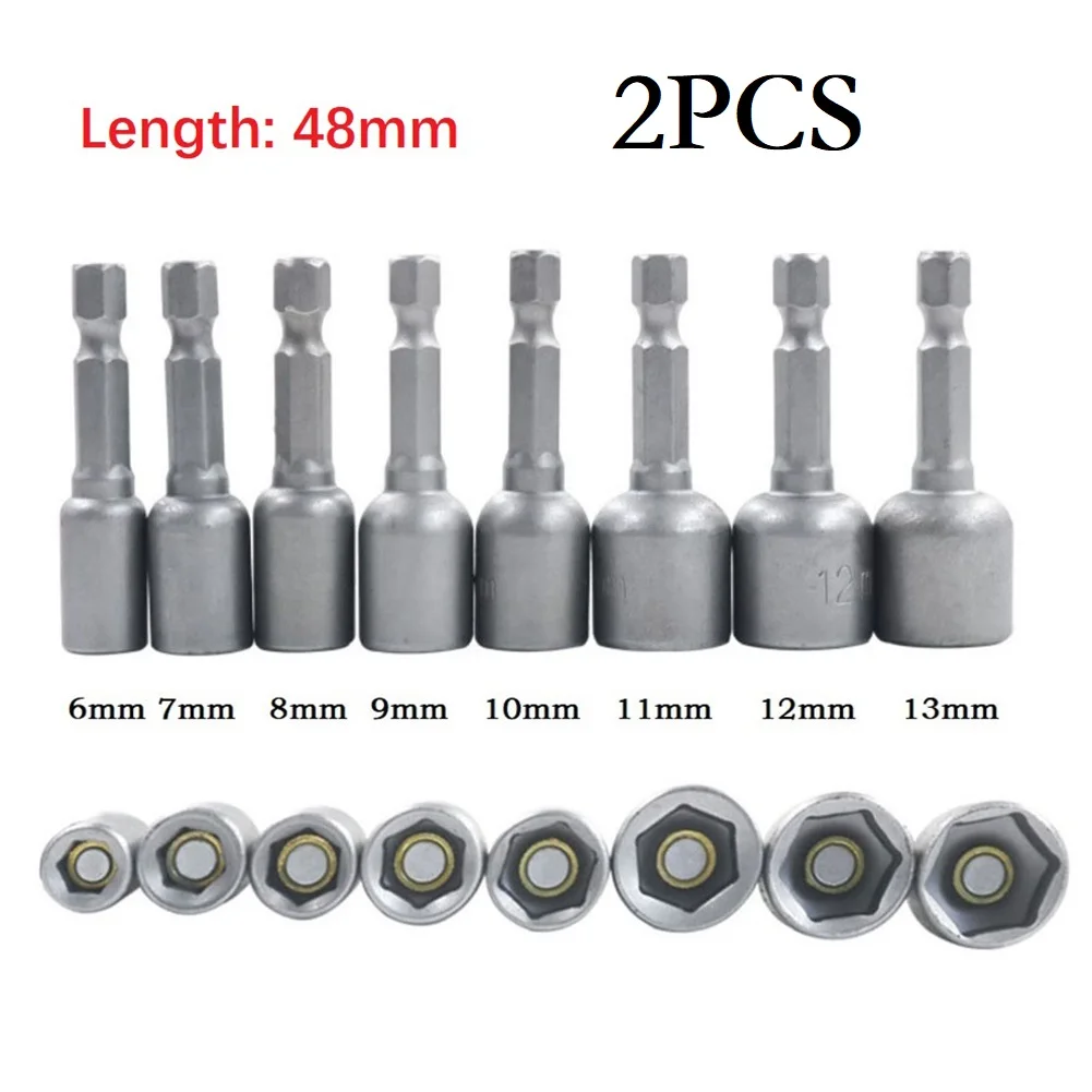 2PC Magnetic Nuts Driver Sockets 6 7 8 9 10 11 12 13 Mm 1/4inch Hex Shank For Power Drills Screwdriver Hand Tool Accessories