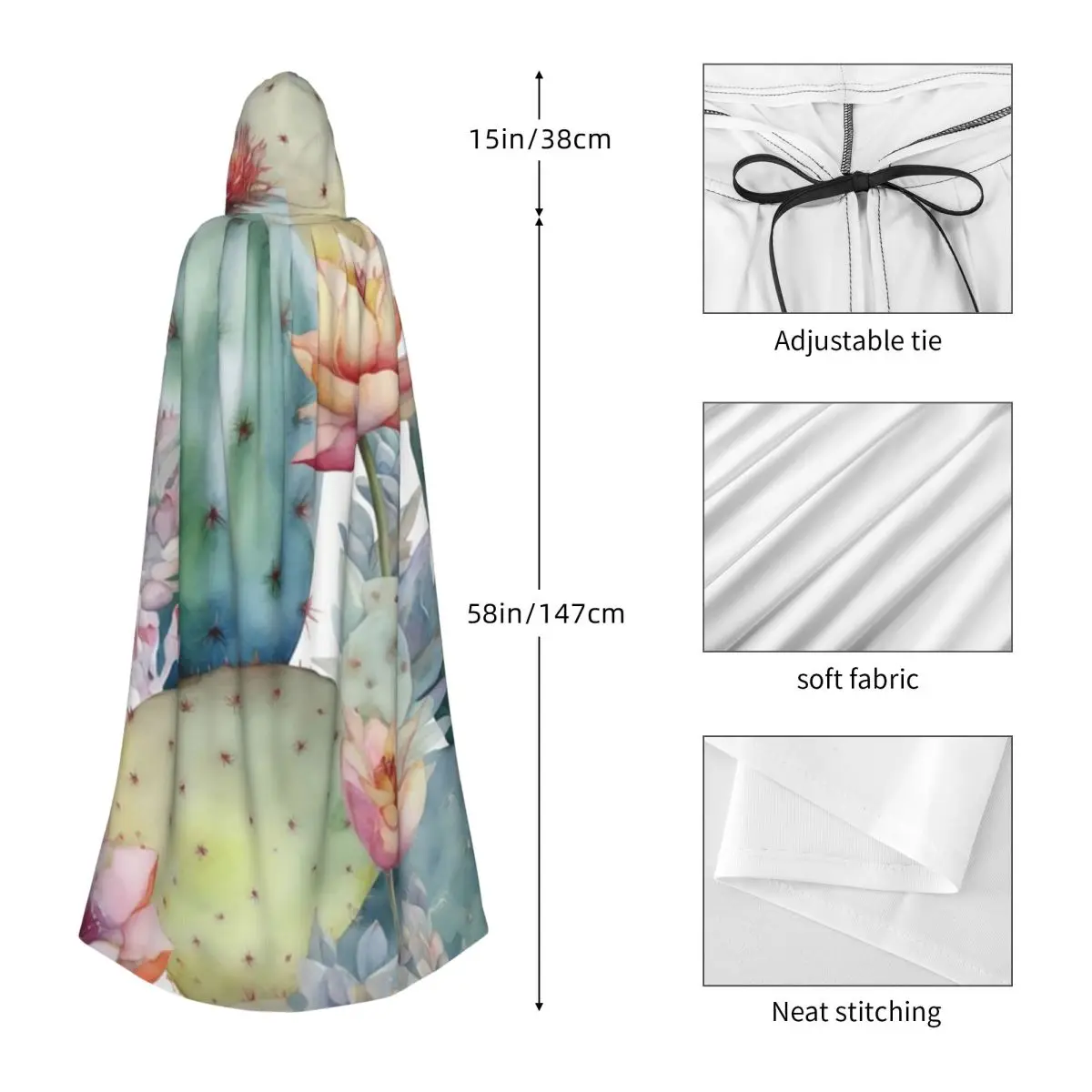 Watercolor Cactus Pattern Long Hooded Cloak Witch Medieval Costume Cosplay Cape HalloweenVampire Adult Unisex